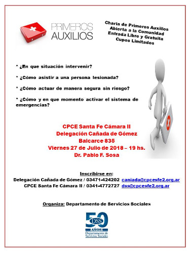 charla de primeros auxilios,d , libre y gratuita. a dictarse el dia viernes 27 de julio a las 19.00hs,balcarce 835, cda de gomez.