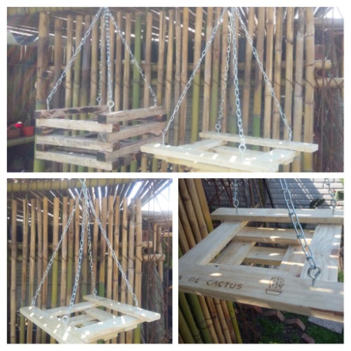 porta maceta de maderas rústicos y colgantes.