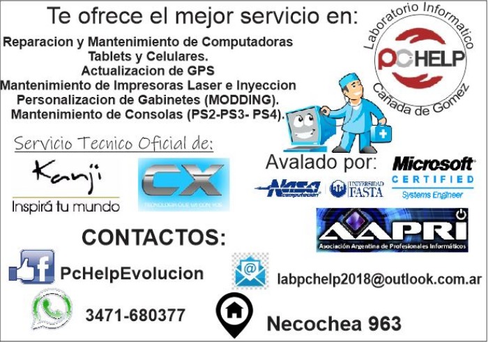 mantenimiento y reparacion de computadoras, tablets, celulares…y mucho mas…su consulta no molesta. abierto de lunes a domingo de 9 a 21 hs