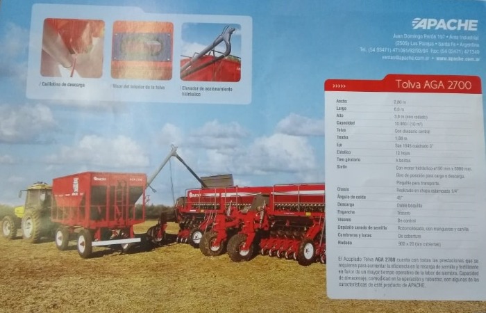 liquido tolva apache aga 2700. capacidad 10.000 kg. motor hidráulico. giro de posición para carga o descarga. con divisorio central. oportunidad